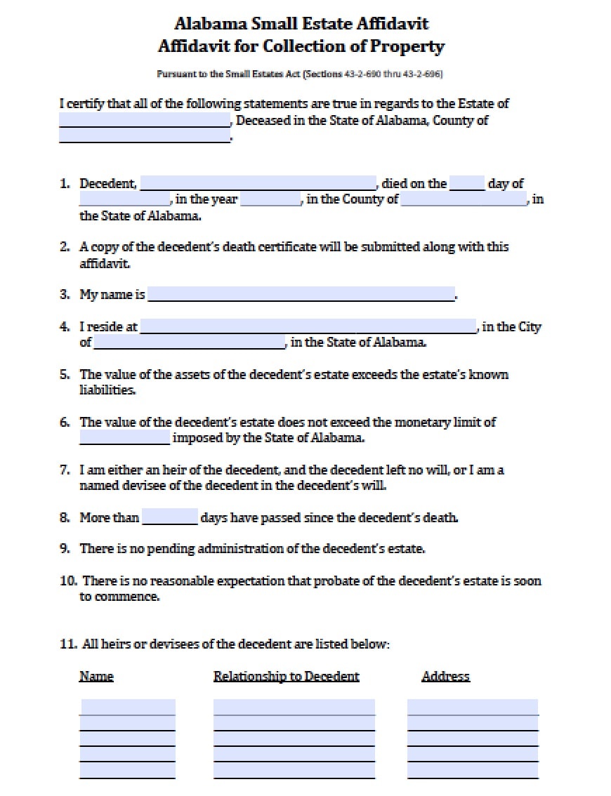 Free Alabama Small Estate Affidavit Form Small Estate Affidavit Form