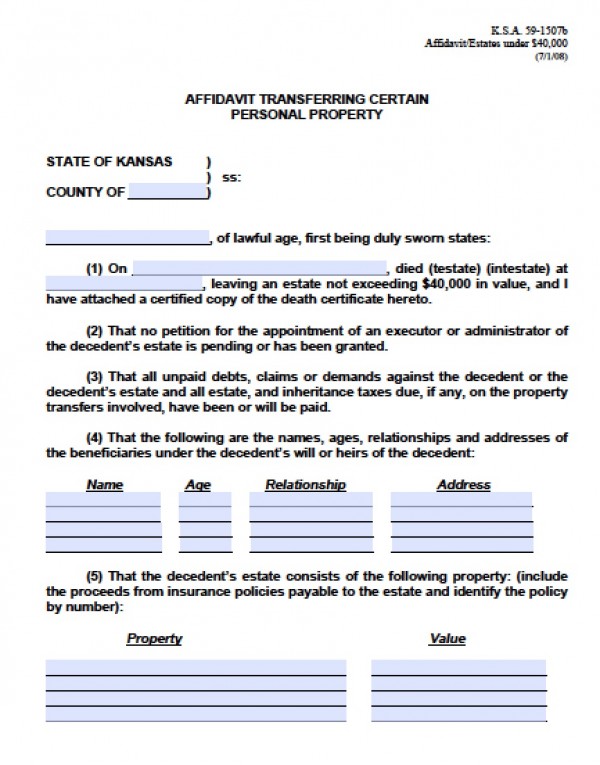 Free Kansas Small Estate Affidavit Form