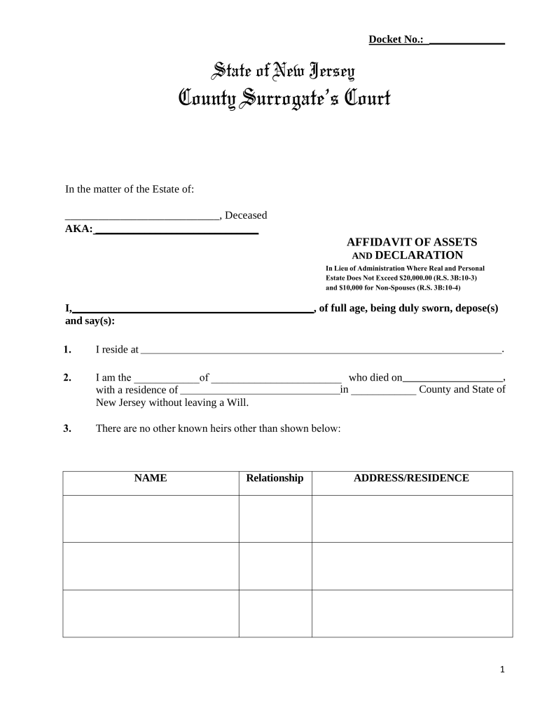 Free New Jersey Small Estate Affidavit Form